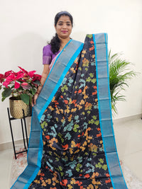 Black with Blue Tussar Silk Saree with Zari Border