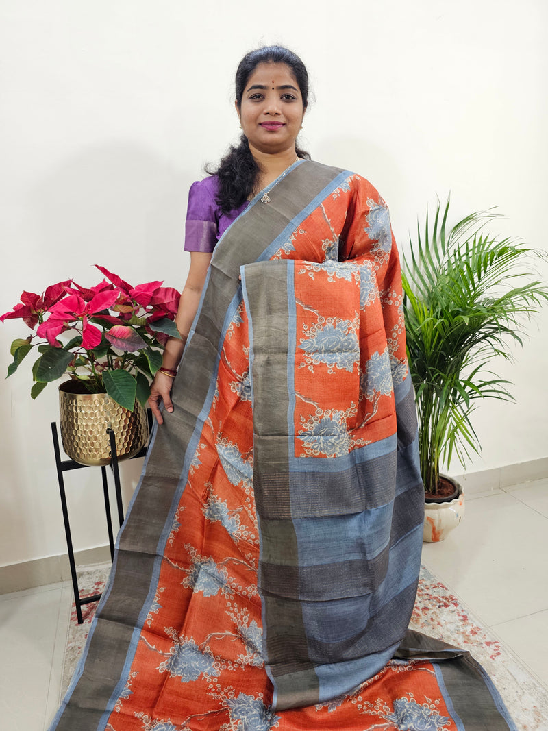 Orange with Grey Tussar Silk Saree with Zari Border