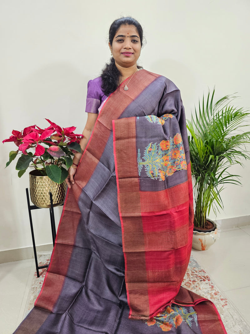 Dark Purple with Red Tussar Silk Saree with Zari Border