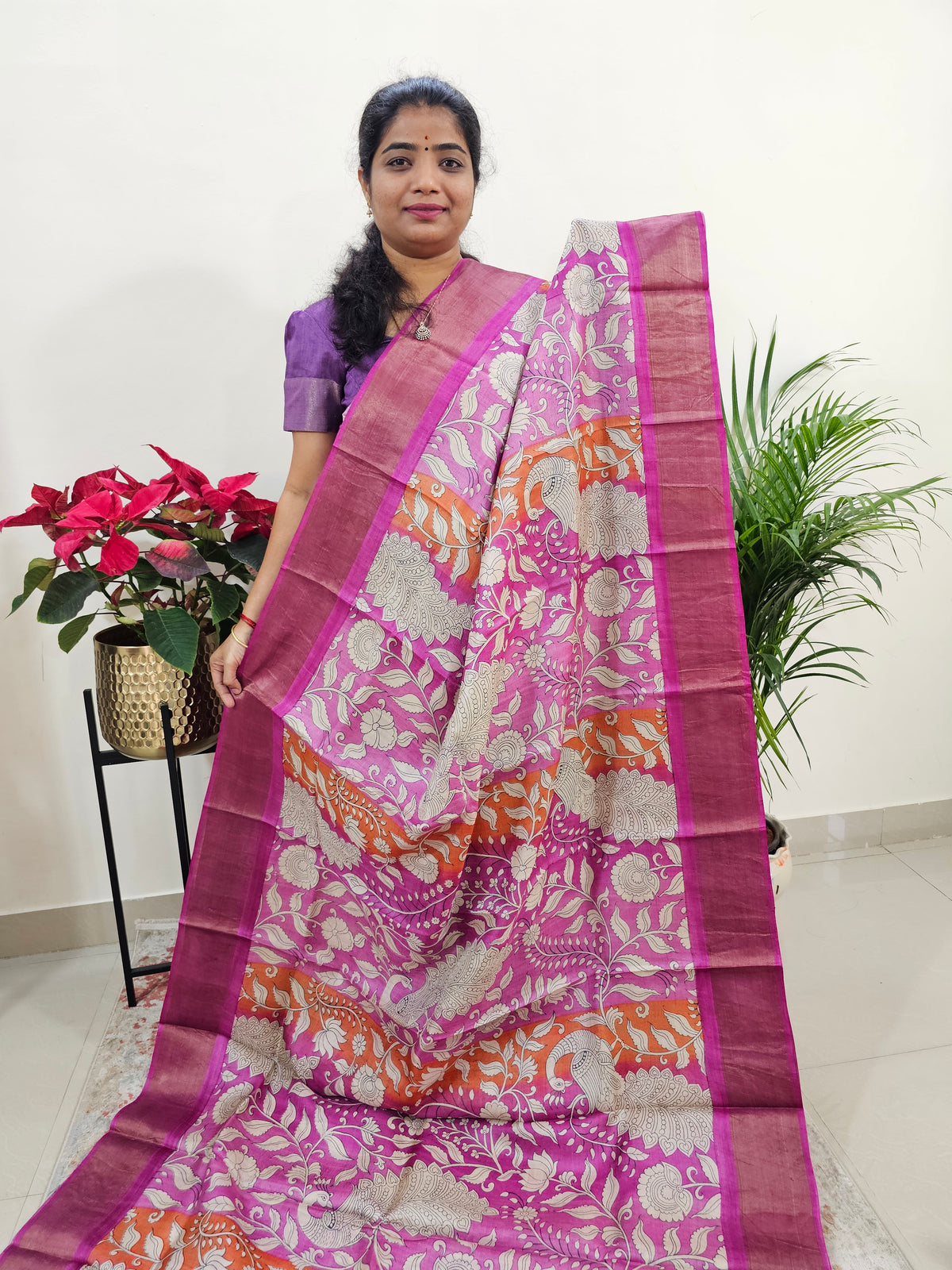 Pink Tussar Silk Saree with Zari Border