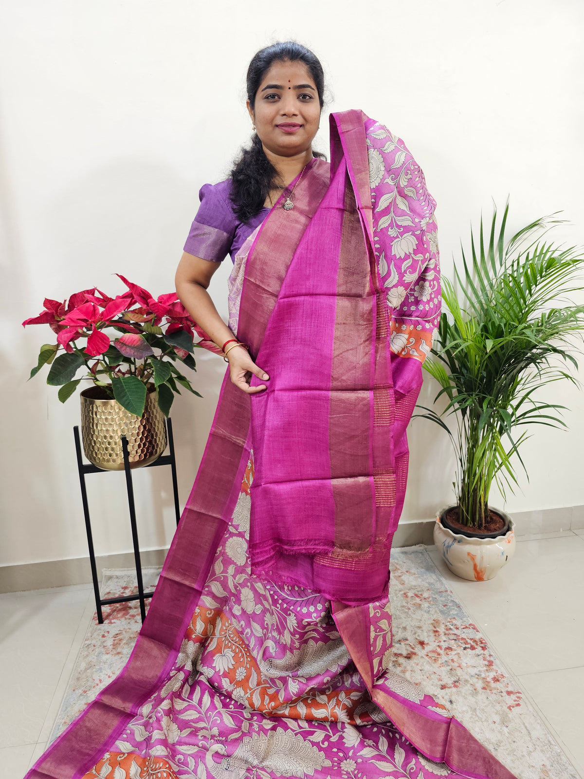 Pink Tussar Silk Saree with Zari Border