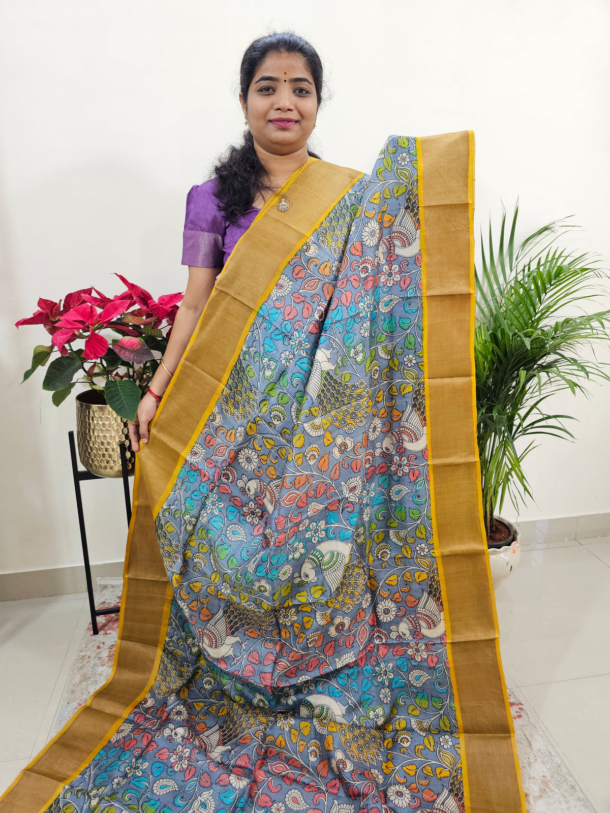 Grey with Mustard Tussar Silk Saree with Zari Border