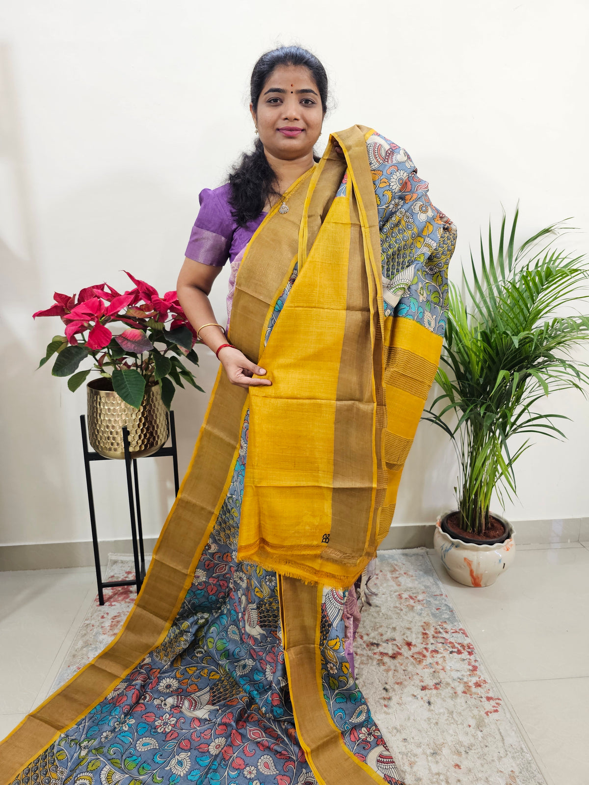 Grey with Mustard Tussar Silk Saree with Zari Border