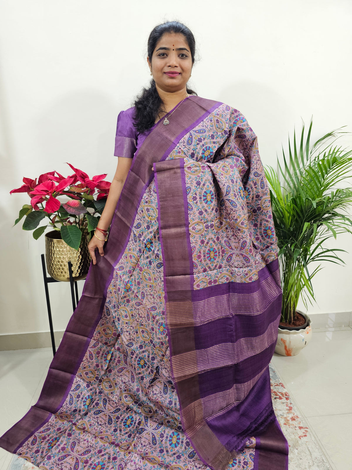 Purple Tussar Silk Saree with Zari Border