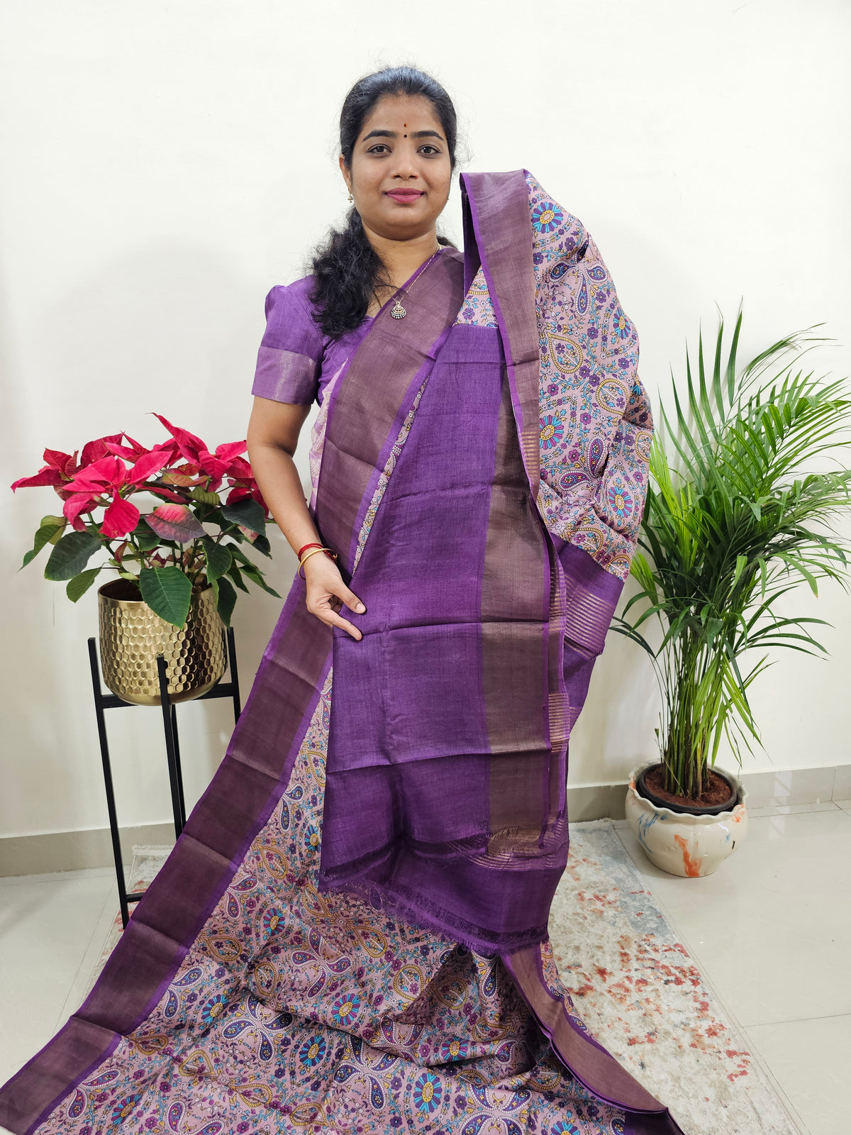 Purple Tussar Silk Saree with Zari Border