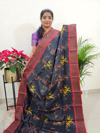 Black with Red Tussar Silk Saree with Zari Border