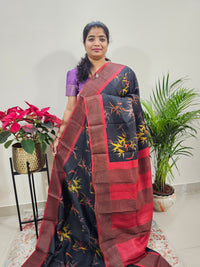 Black with Red Tussar Silk Saree with Zari Border