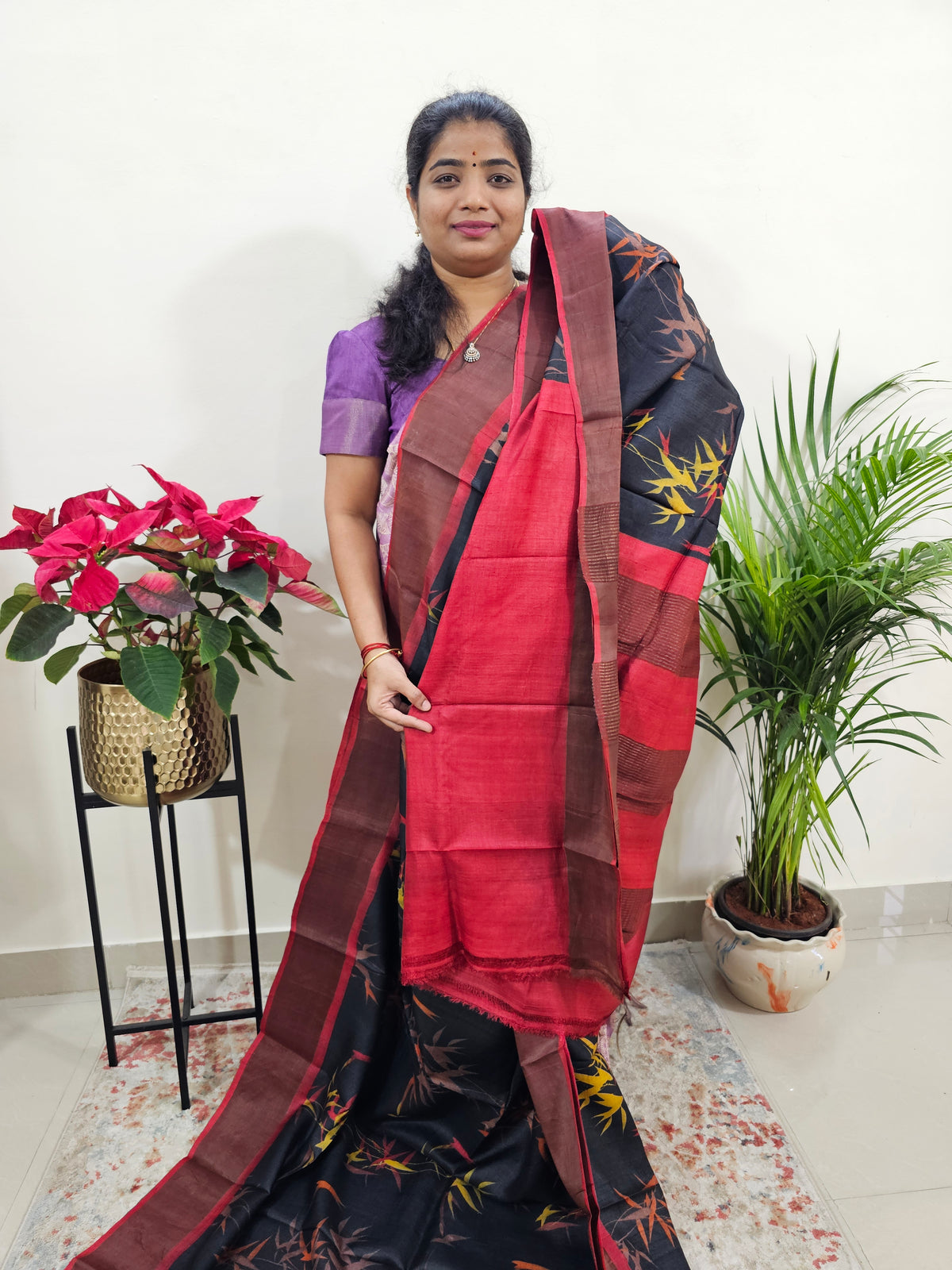 Black with Red Tussar Silk Saree with Zari Border