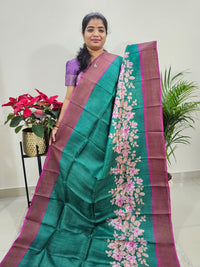 Green with Magenta Pink Tussar Silk Saree with Zari Border