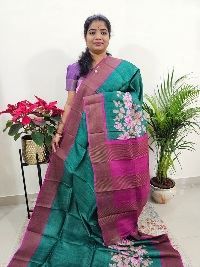 Green with Magenta Pink Tussar Silk Saree with Zari Border