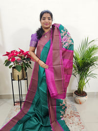 Green with Magenta Pink Tussar Silk Saree with Zari Border