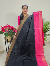 Korvai Weaving Semi Raw Silk Saree - Black with Pink