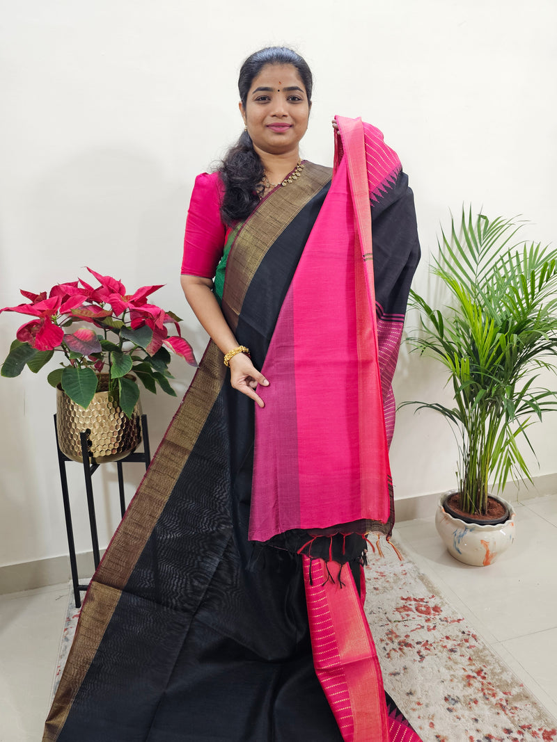 Korvai Weaving Semi Raw Silk Saree - Black with Pink