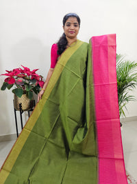 Korvai Weaving Semi Raw Silk Saree - Green with Pink