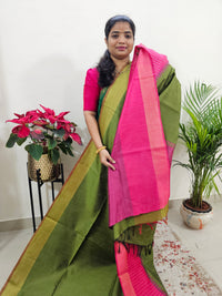 Korvai Weaving Semi Raw Silk Saree - Green with Pink