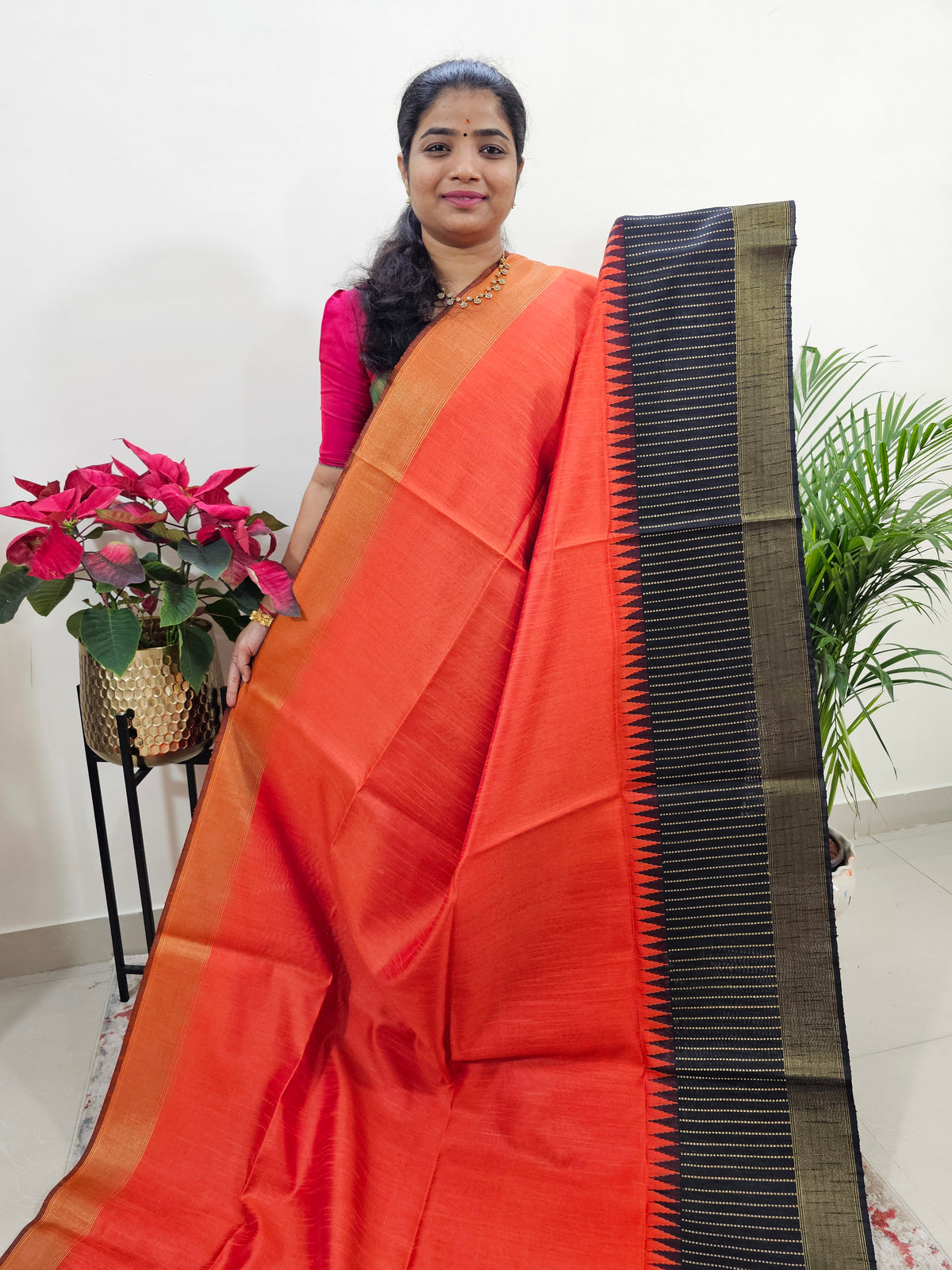 Korvai Weaving Semi Raw Silk Saree - Orange with Black