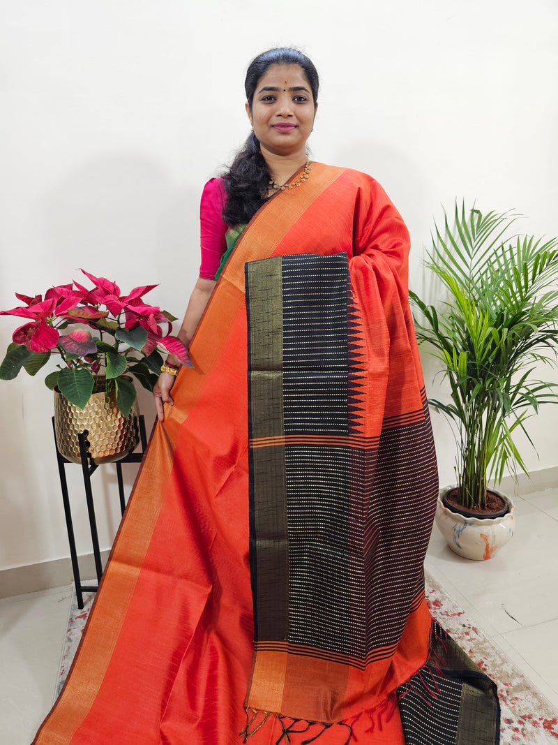 Korvai Weaving Semi Raw Silk Saree - Orange with Black