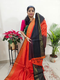 Korvai Weaving Semi Raw Silk Saree - Orange with Black