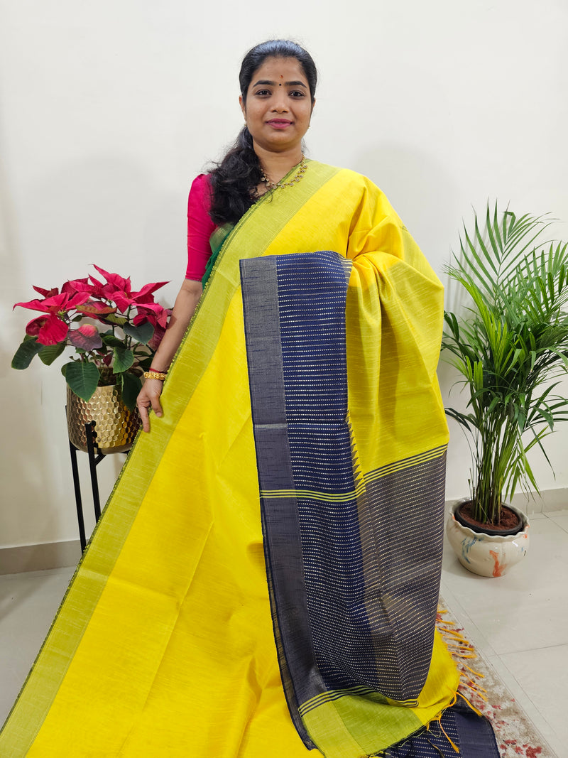 Korvai Weaving Semi Raw Silk Saree - Yellow with Blue