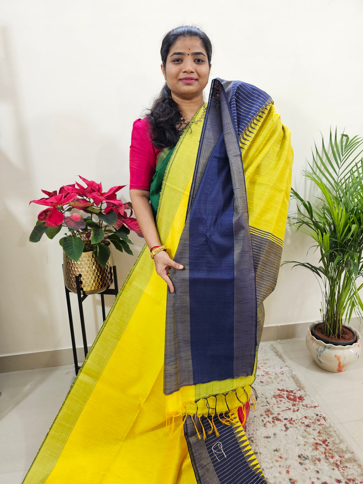 Korvai Weaving Semi Raw Silk Saree - Yellow with Blue