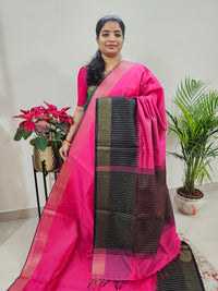 Korvai Weaving Semi Raw Silk Saree - Pink with Black