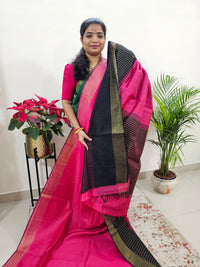 Korvai Weaving Semi Raw Silk Saree - Pink with Black