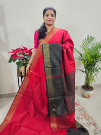 Korvai Weaving Semi Raw Silk Saree - Red with Black