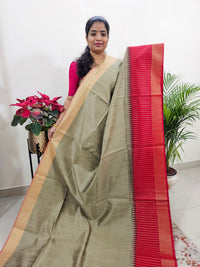 Korvai Weaving Semi Raw Silk Saree - Beige with Red