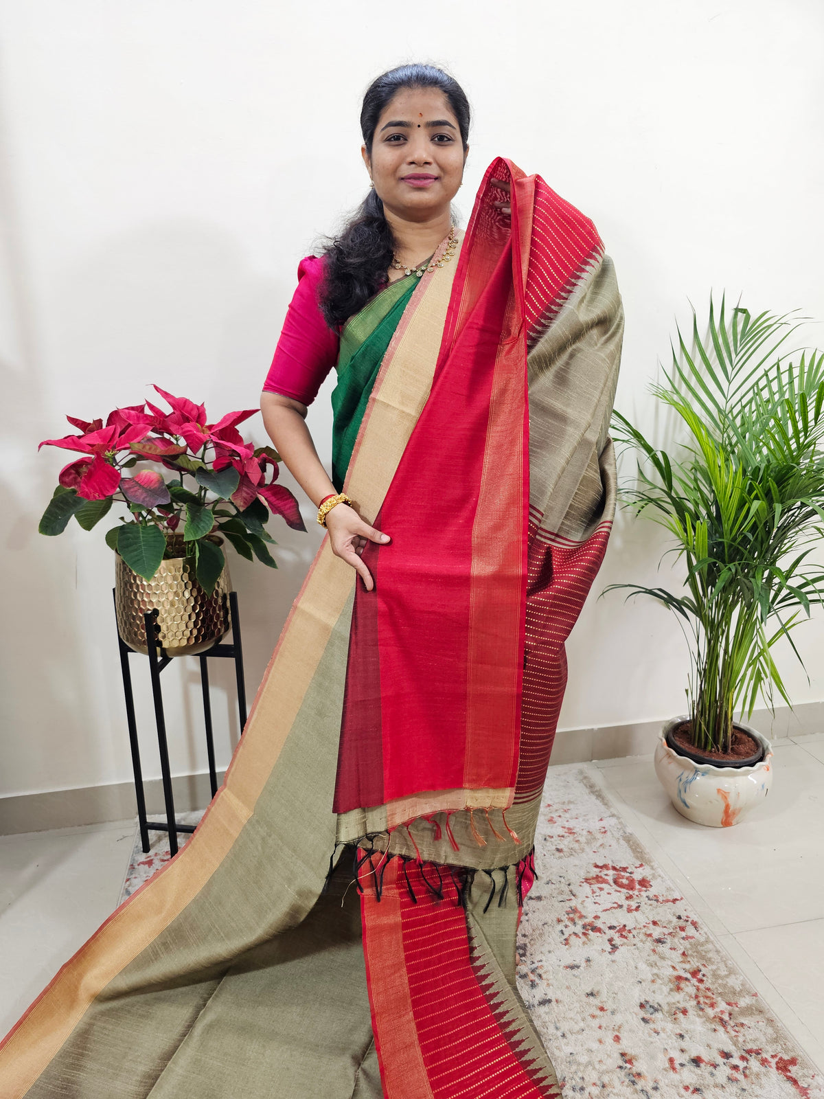 Korvai Weaving Semi Raw Silk Saree - Beige with Red