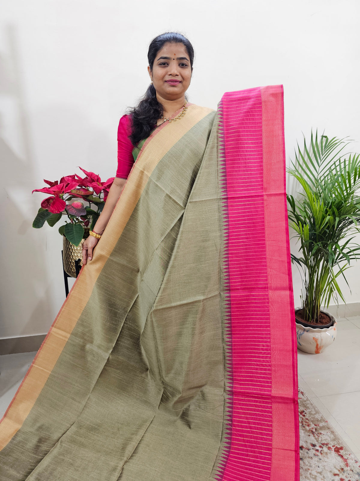 Korvai Weaving Semi Raw Silk Saree - Beige with Pink