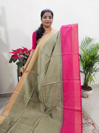 Korvai Weaving Semi Raw Silk Saree - Beige with Pink