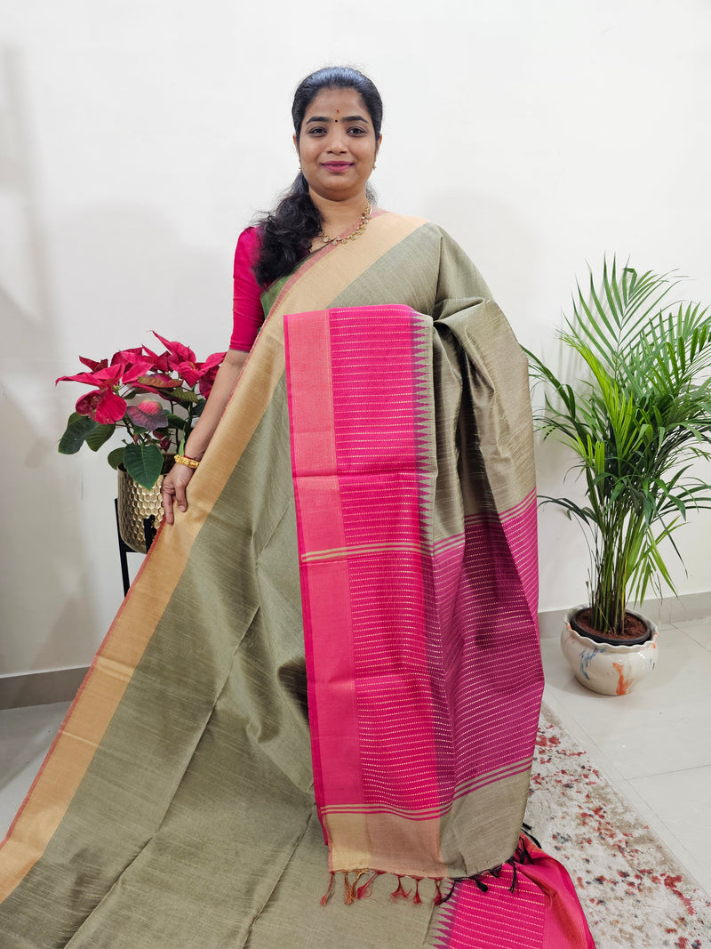 Korvai Weaving Semi Raw Silk Saree - Beige with Pink