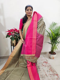 Korvai Weaving Semi Raw Silk Saree - Beige with Pink