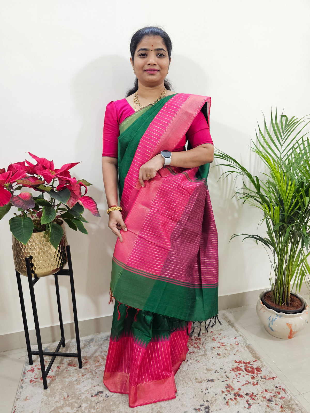 Korvai Weaving Semi Raw Silk Saree - Bottle Green with Pink