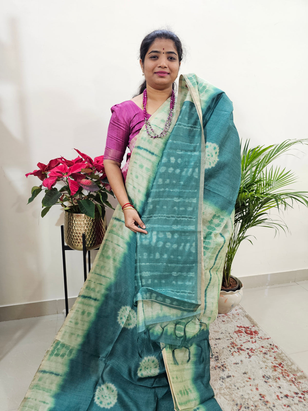 Semi Ghicha Digital Printed Saree - Peacock Green