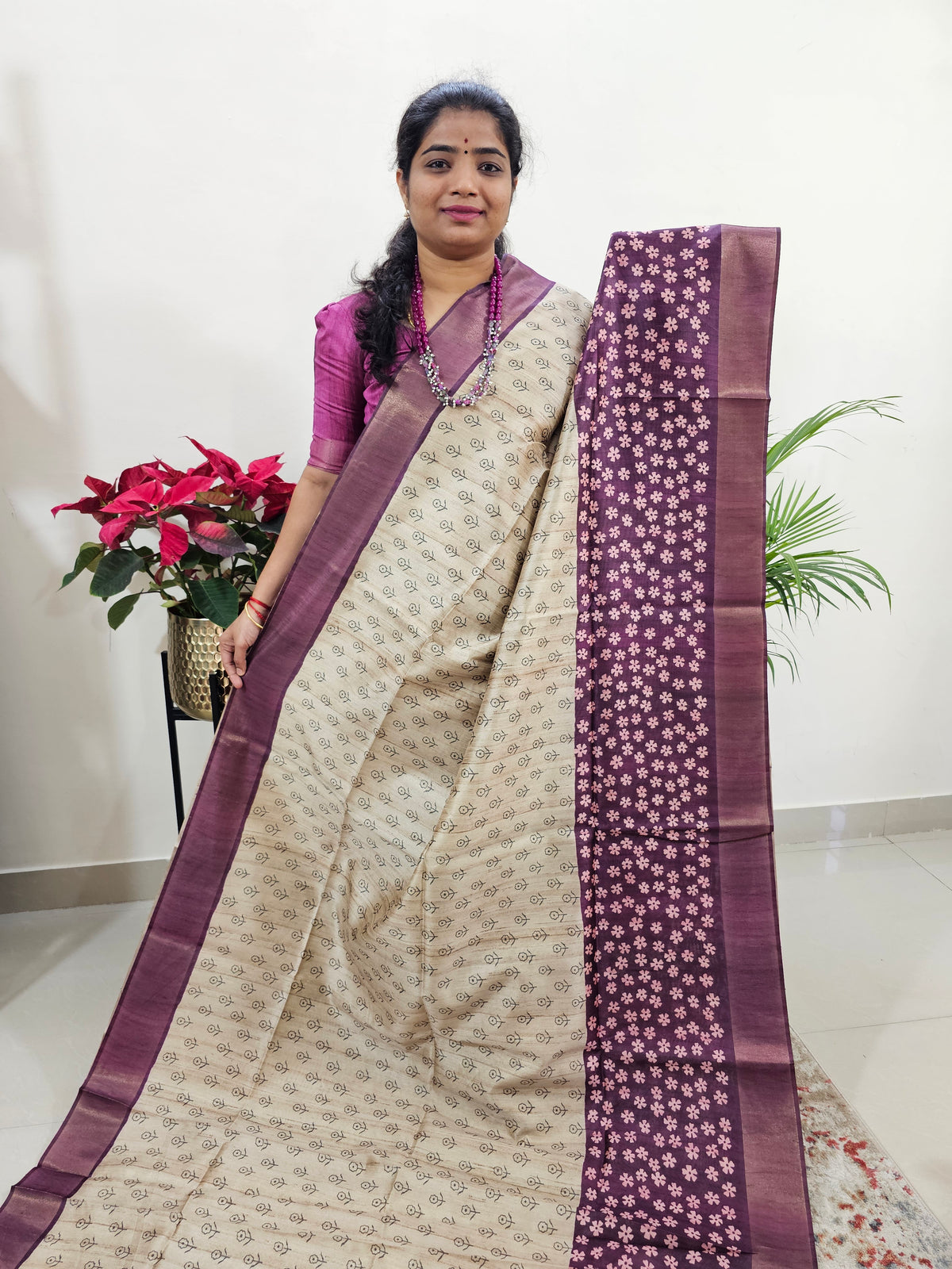 Semi Ghicha Floral Printed Saree - Purple