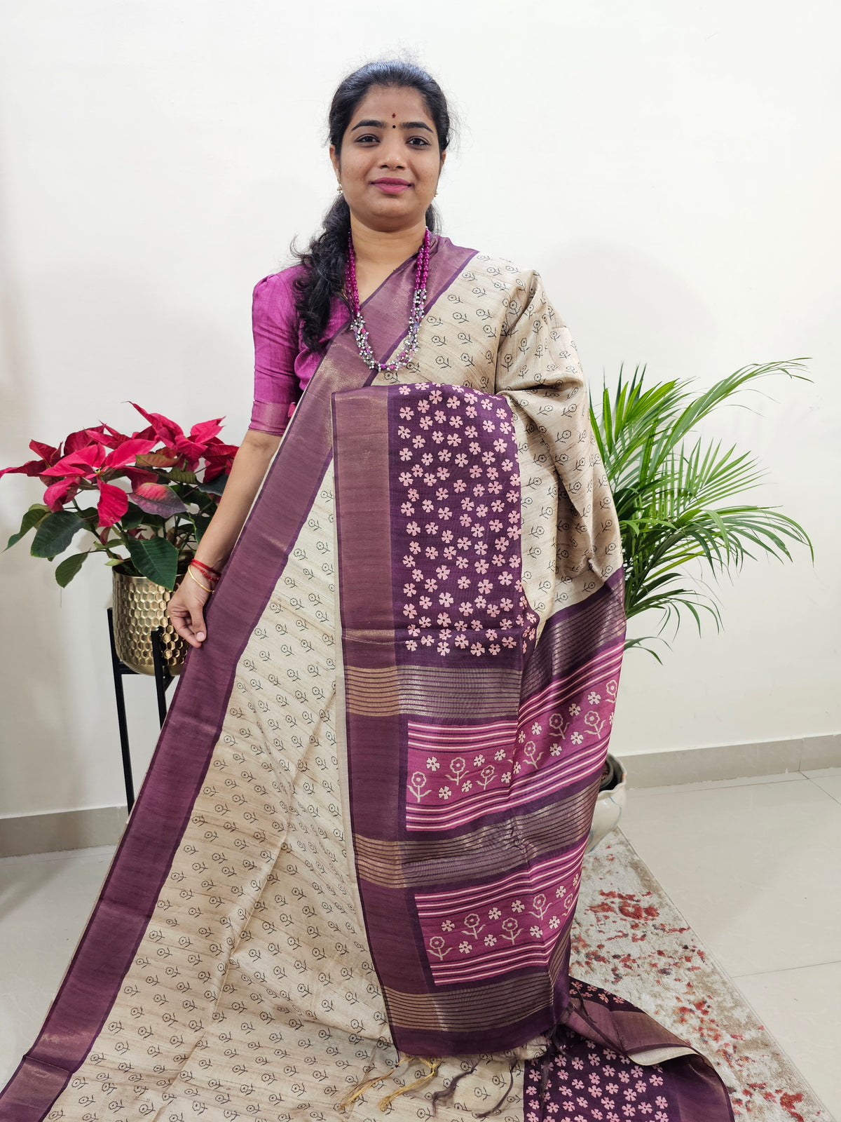 Semi Ghicha Floral Printed Saree - Purple