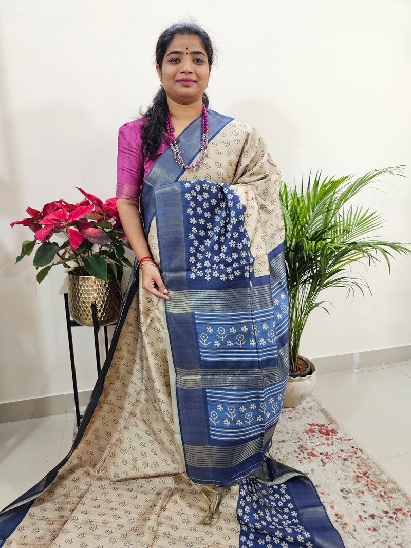 Semi Ghicha Floral Printed Saree - Blue