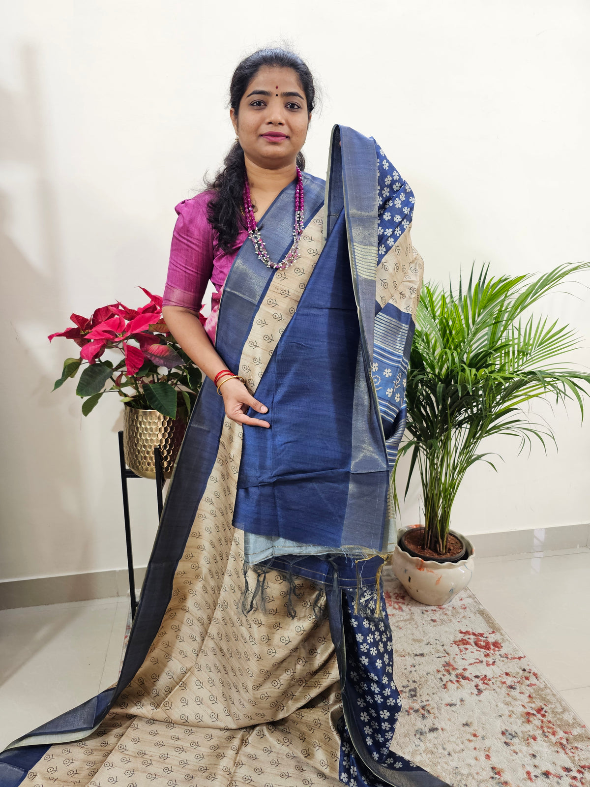 Semi Ghicha Floral Printed Saree - Blue