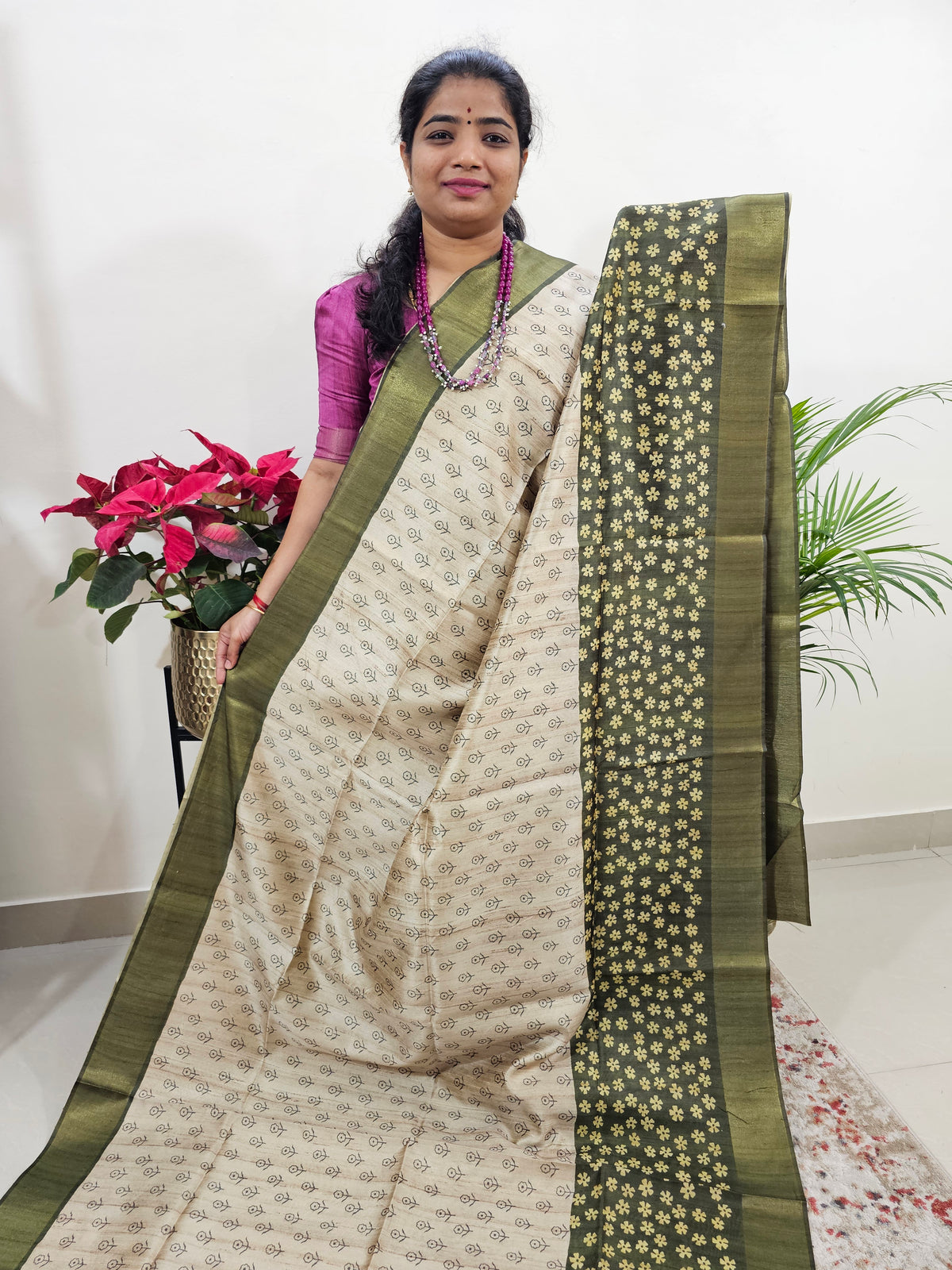 Semi Ghicha Floral Printed Saree - Green