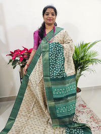 Semi Ghicha Digital Printed Saree - Cream with Green