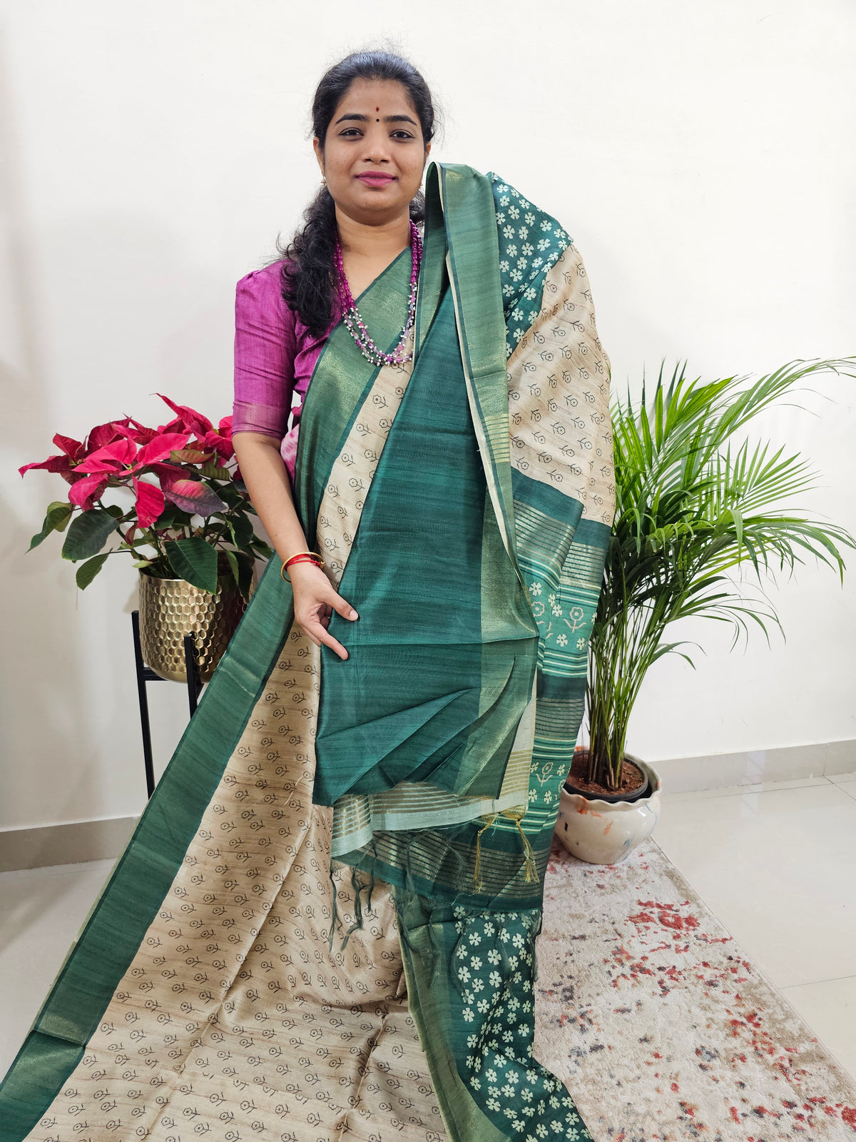 Semi Ghicha Digital Printed Saree - Cream with Green