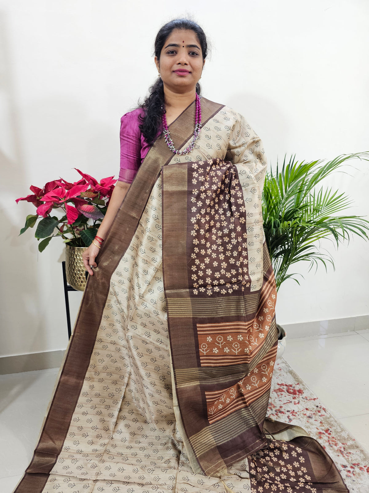 Semi Ghicha Floral Printed Saree - Brown