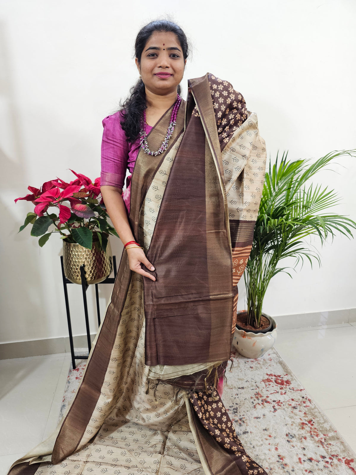 Semi Ghicha Floral Printed Saree - Brown