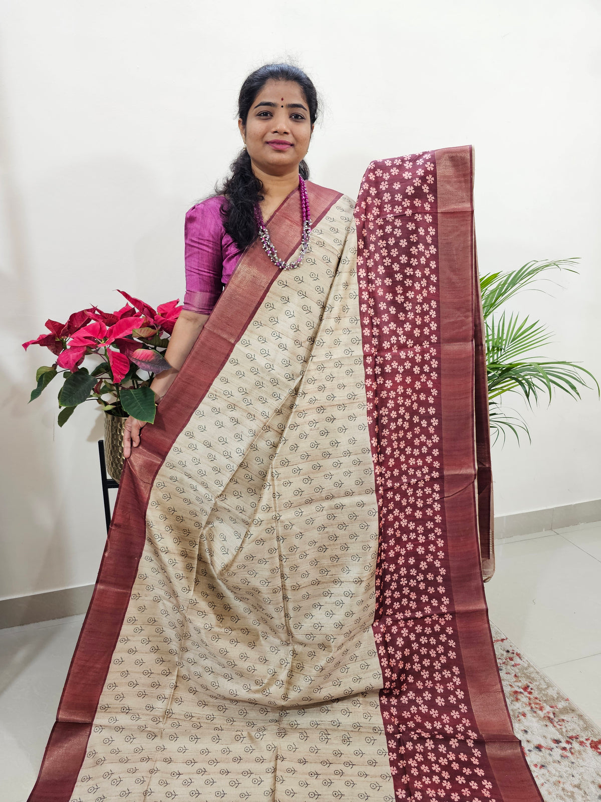 Semi Ghicha Floral Printed Saree - Maroon