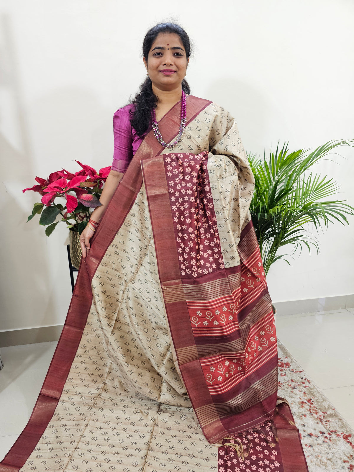 Semi Ghicha Floral Printed Saree - Maroon
