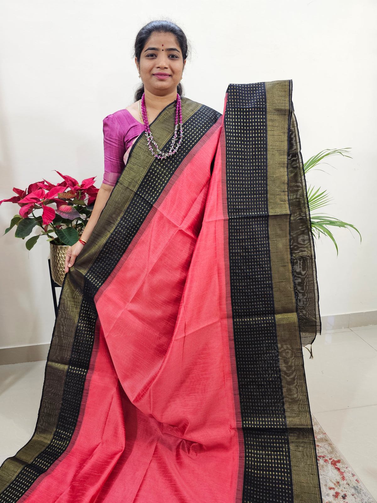 Semi Raw Silk Saree Weaving Border - Peach with Black