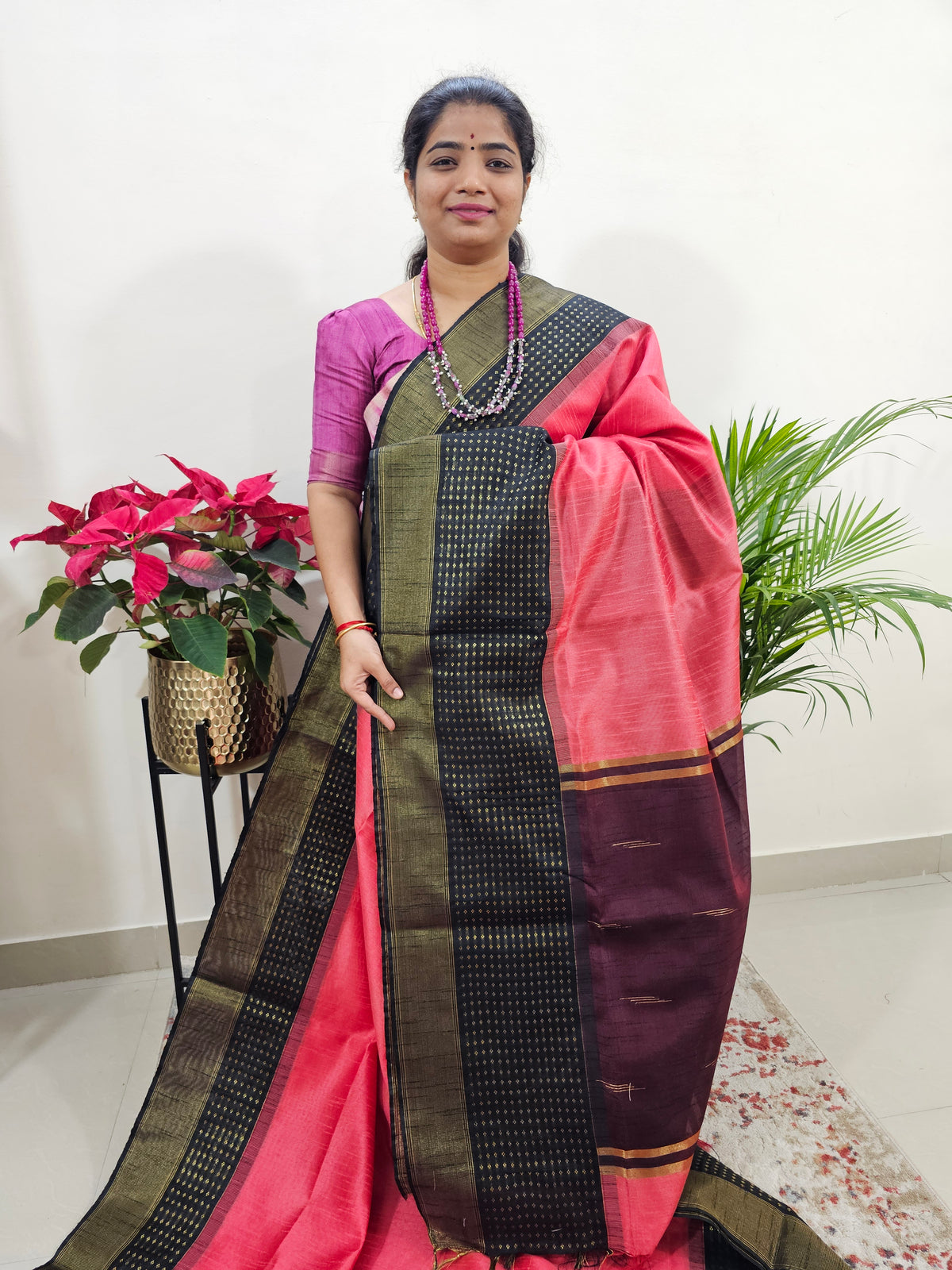 Semi Raw Silk Saree Weaving Border - Peach with Black