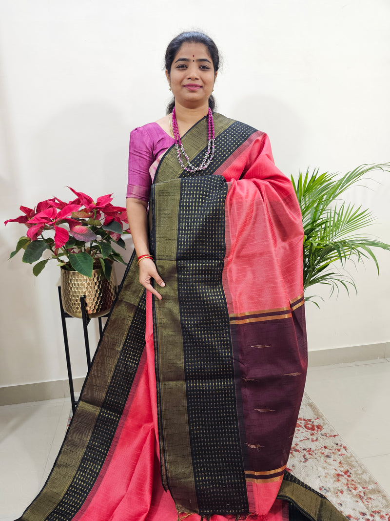 Semi Raw Silk Saree Weaving Border - Peach with Black