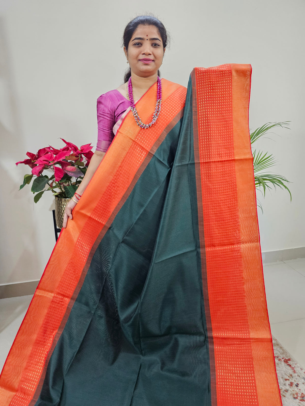 Semi Raw Silk Saree Weaving Border - Green with Orange